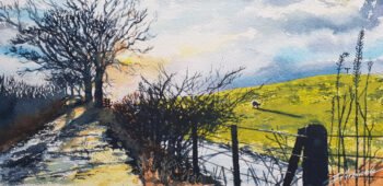 Watercolour painting of a farm track with hedgerow and sheep in a field on a winters day