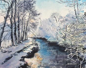 watercolour painting of the Calder River in Calderglen near East Kilbride, in a wintery snow scene.