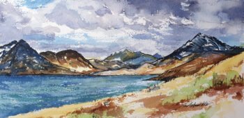 Watercolour painting by Julie Arbuckle of the view over Loch Scavaig from Elgol on the Isle of Skye