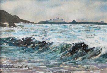 watercolour painting of of a wave crashing on a beach with scottish mountains in the background
